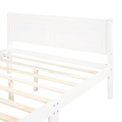 Queen Size Wood Platform Bed with Headboard and Wooden Slat Support (White)