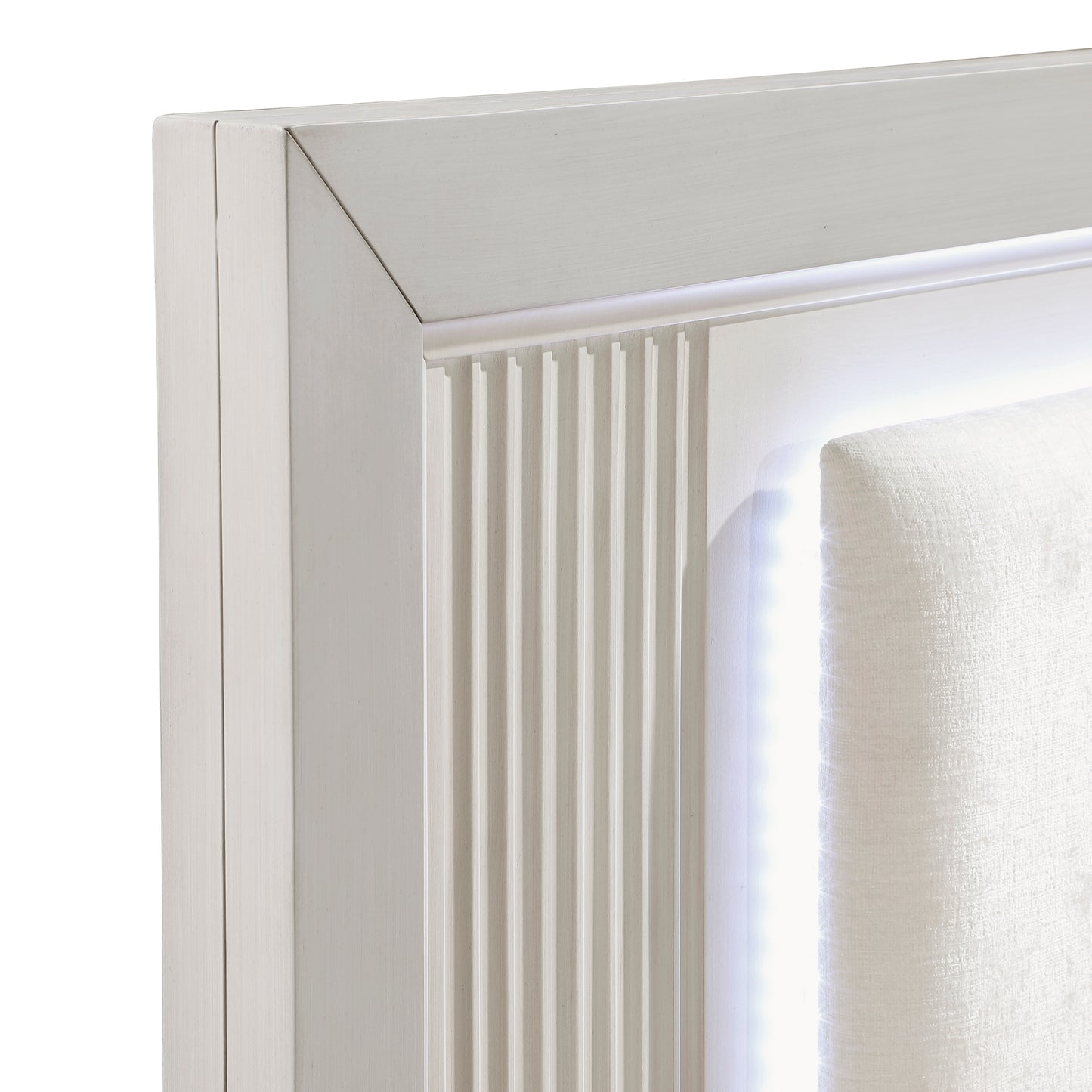 Antique White Finish King Bed with LED Headboard Upholstered Cushion Modern Bedroom Furniture 1pc, Reeded Fronts