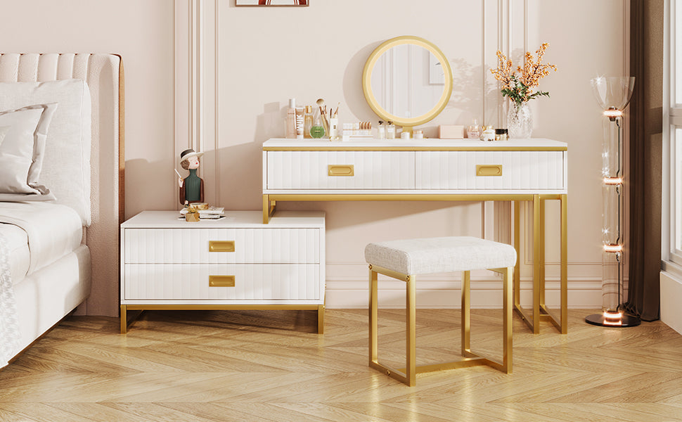 GO Modern Style Vanity Table With Movable Side Cabinet And 4-Drawers, Large Size Dressing Table With Mirror and 3-colors LED Light, Makeup Table With Stool, White, Golden Legs