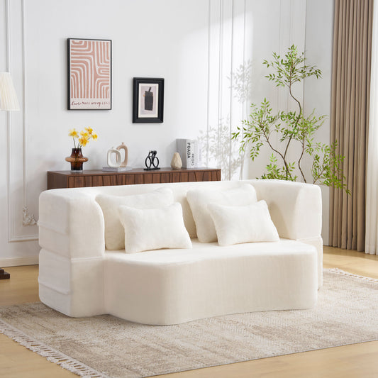 Queen Size Modern White Floor Sofa with 4 Pillows, Plush Fabric Futon Sofa Couch, High-Density Foam Folding Mattress for Living Room,Guest, Bedroom,No Assembly Required