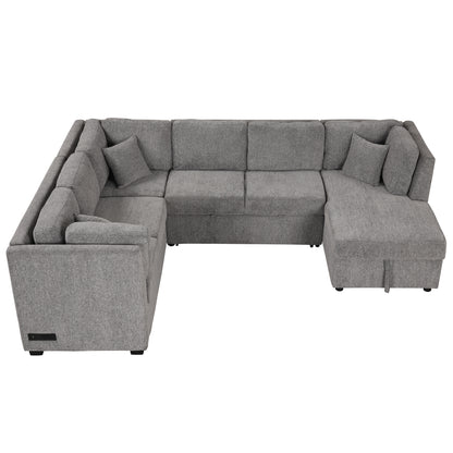 108.6" U-shaped Sectional Sofa Pull out Sofa Bed with Two USB Ports, Two Power Sockets, Three Back Pillows and a Storage Chaise for Living Room, Light Gray