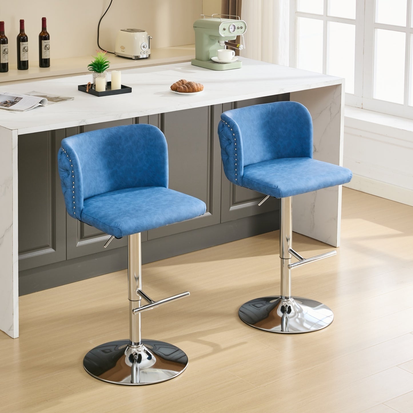 A&A Furniture,Swivel Barstools Adjusatble Seat Height With Chrome Base, Modern PU Upholstered Bar Stools with the whole Back Tufted, for Home Pub and Kitchen Island,Blue, Set of 2