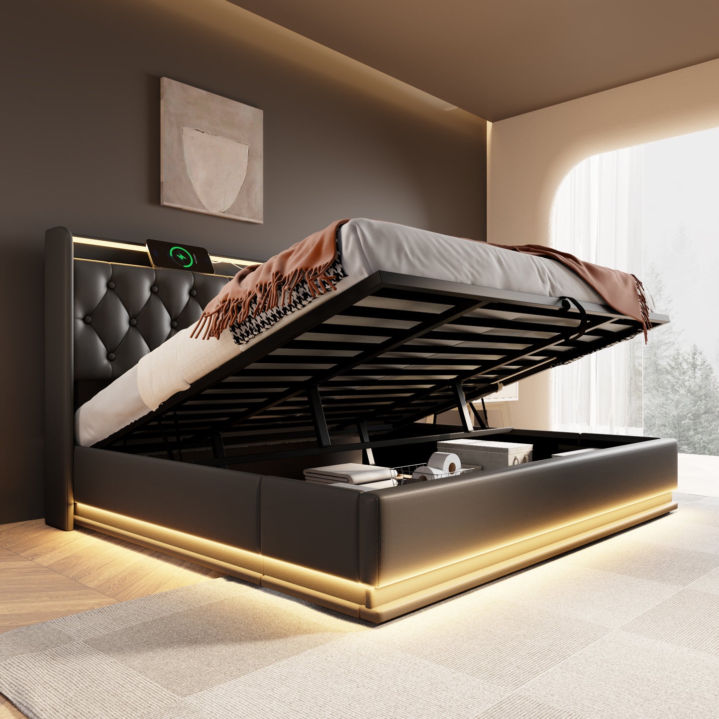 King size Upholstered bed, 360 surround LED function, Buttons/Apps/Remote Control, hydraulic storage bed with USB Type-C charging, Black, PU (Without mattress)