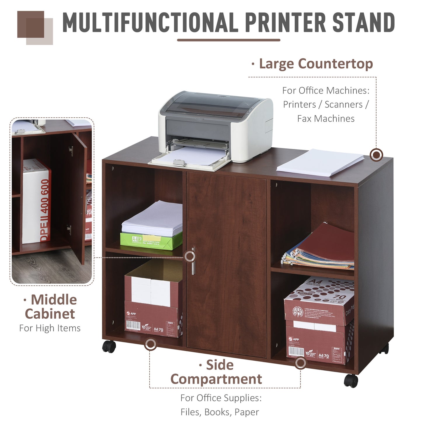 Vinsetto Mobile File Cabinet and Printer Stand for Home Office, Mobile Printer Table with 4 Open Storage Shelves, Door Cabinet, Wheels, Brown