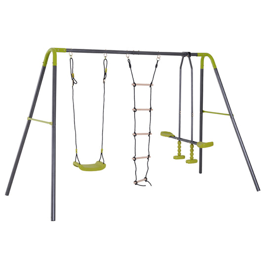 3 in 1 Kids Metal Swing Set for Backyard with Swing Seat, Glider and Climbing Ladder, Heavy Duty Metal Frame for 4 Children