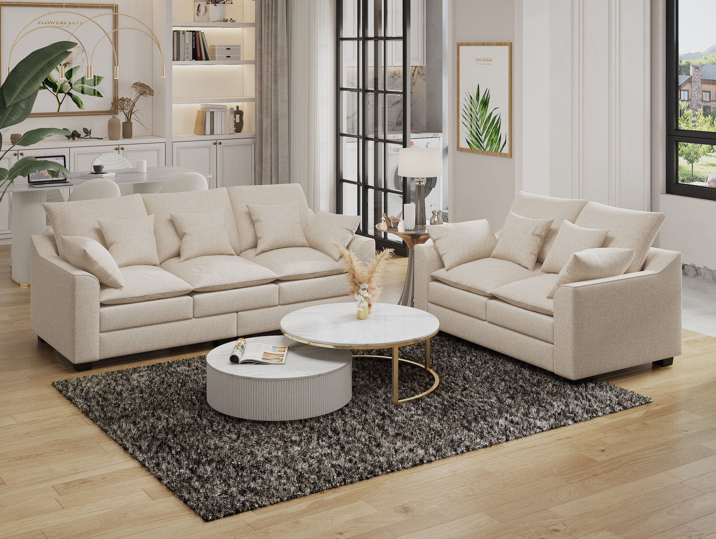 2 Pieces Sofa Couch 3-Seater and Loveseat with Pillows Polyester Upholstered Duck Down Filled Cushion Sofa Set for Living Room Apartment,Beige