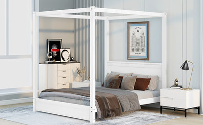 Queen Size Canopy Platform Bed with Headboard and Support Legs,White