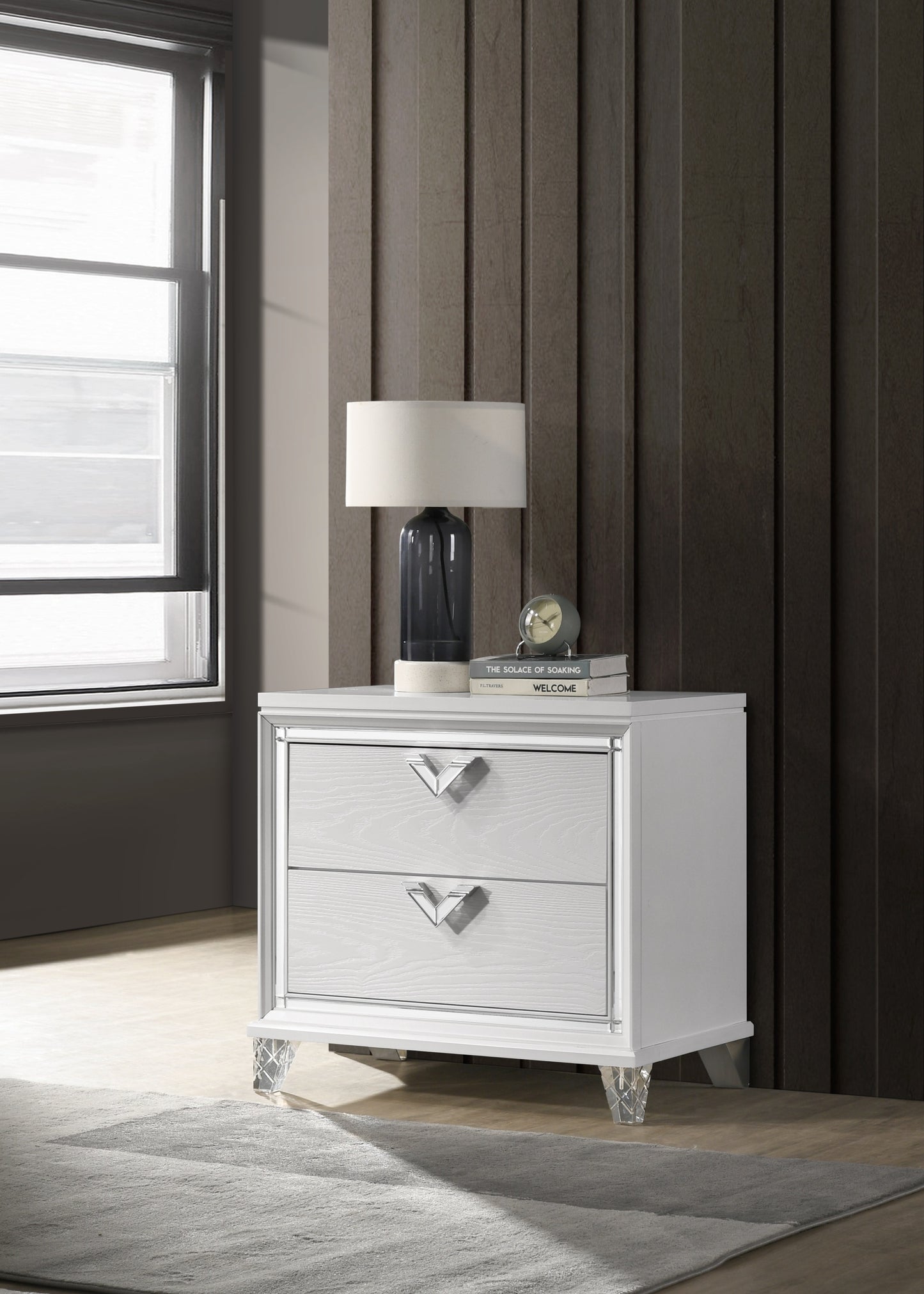 Modern Style 2-Drawer Nightstand with LED Glow & V-Shape Handles in White