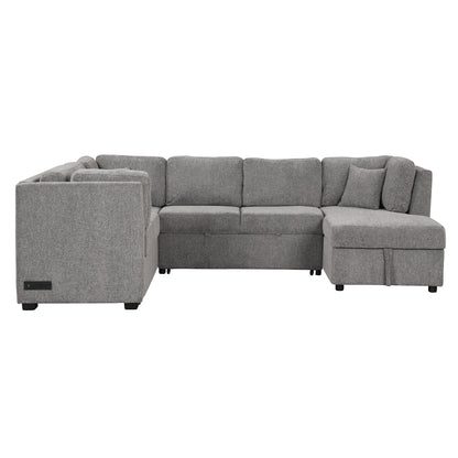 108.6" U-shaped Sectional Sofa Pull out Sofa Bed with Two USB Ports, Two Power Sockets, Three Back Pillows and a Storage Chaise for Living Room, Light Gray