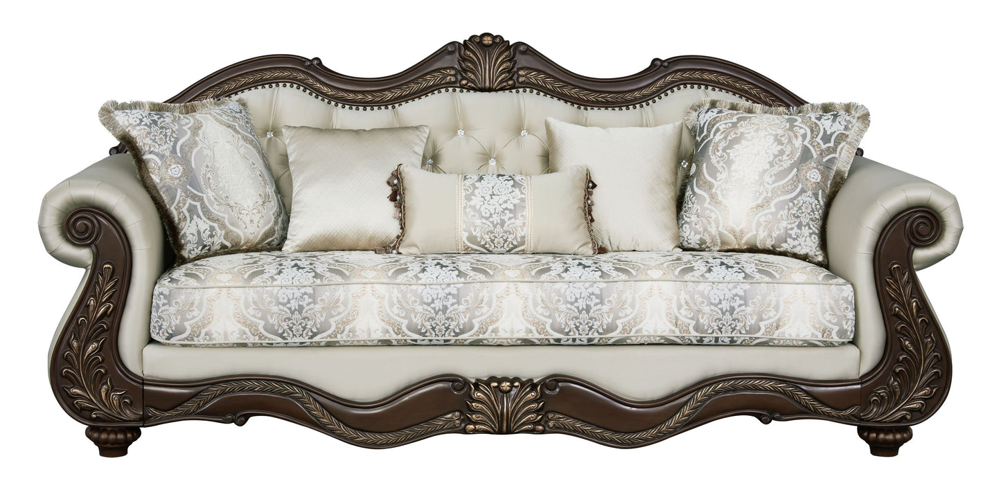 Pierce Beige Fabric & Cherry Finish Sofa w/5 Pillows