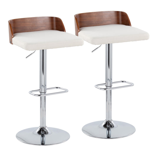 Maya Mid-Century Modern Adjustable Barstool with Swivel in Chrome Metal, Walnut Wood and Cream Fabric with Rounded Rectangle Footrest by LumiSource - Set of 2