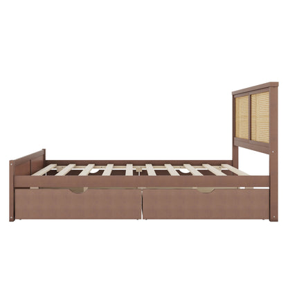 Queen Size Wood Storage Platform Bed with 4 Drawers, Rattan Headboard, Espresso