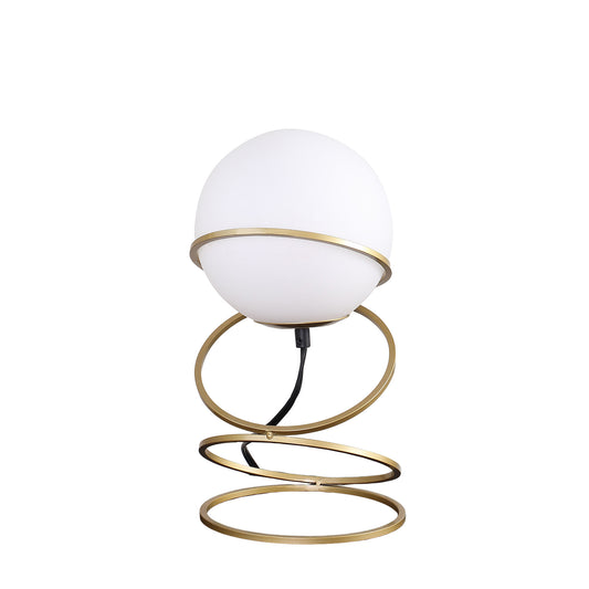 13.5" H Glass Globe Matte Gold Spiral 4 Ring Metal Stand Table Lamp for Living Room, Nightstand Bedside Table Lamp for Bedroom, LED Lamp