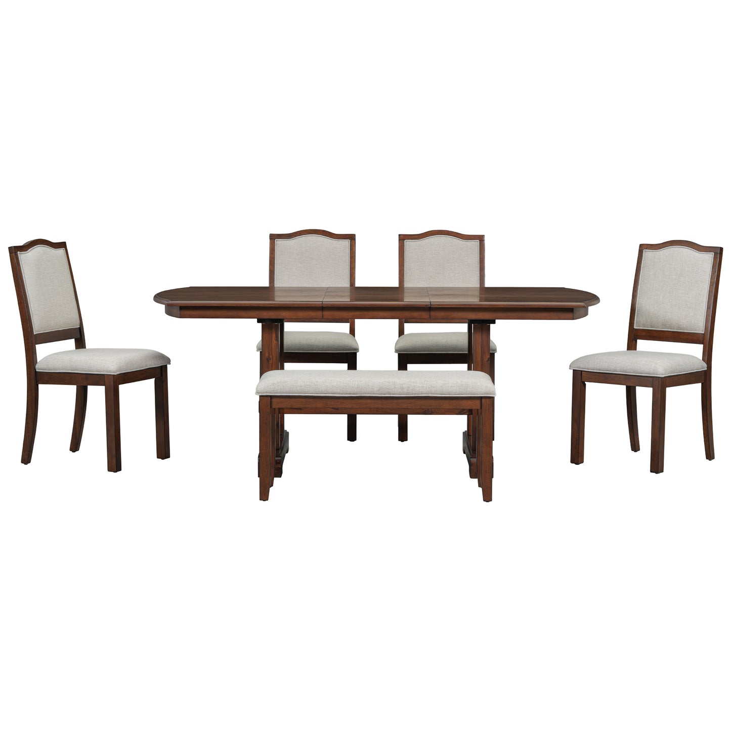 6-Piece Dining Table Set, 60inch to 78inch Extendable Wood Dining Table with Removable Leaf, Kitchen Table Set with 4 Upholstered Side Chair and Bench, Dining Table Set for 6 (Cherry)