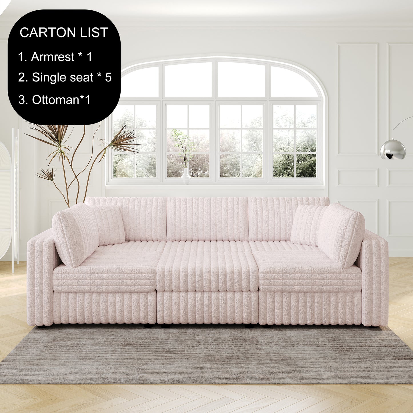 106.3" Soft  U-shaped 6-Person Sofa. Matches 30.7" Ottoman with Hydraulic Lift. Comfortable & Stylish. For Bedroom & Living Room. Light Pink.Modern Furniture. Modular Design.