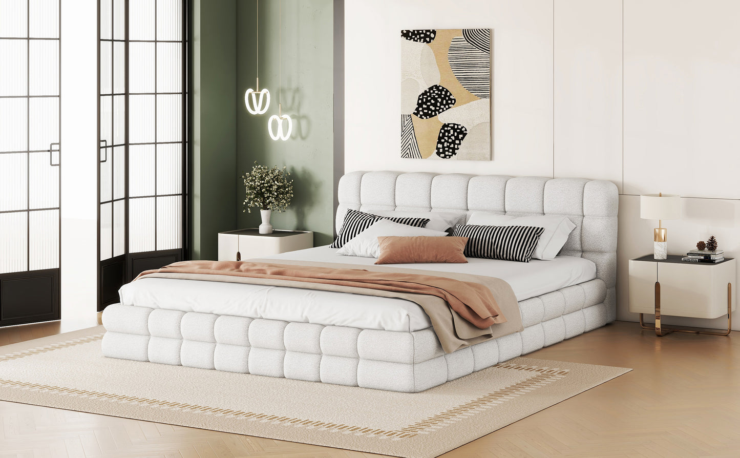 Queen Size Upholstered Platform Bed, White