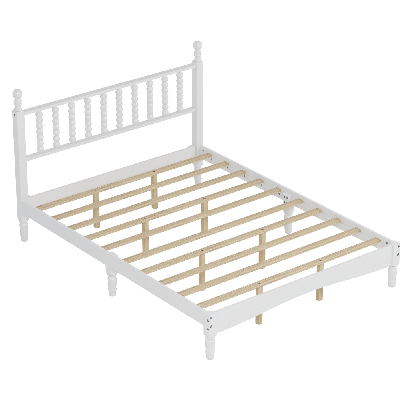 Queen Size Wood Platform Bed with Gourd Shaped Headboard,Retro Style Platform Bed with Wooden Slat Support,White