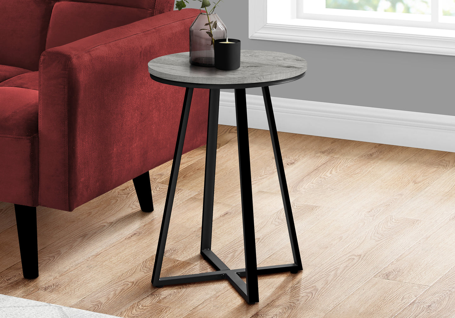 Accent Table, Side, Round, End, Nightstand, Lamp, Living Room, Bedroom, Grey Laminate, Black Metal, Contemporary, Modern