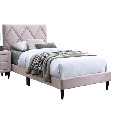 Twin Size Bed w Adjustable Headboard 1pc Bedframe, Light Pink Velvet Upholstered Youth Bedroom Furniture