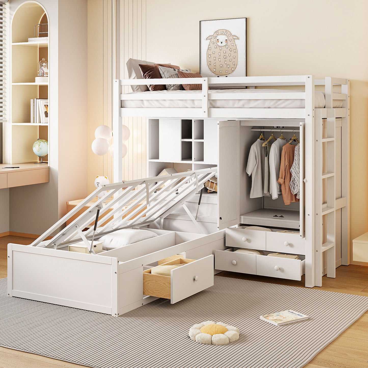 Twin Bunk Bed with Drawers, Wardrobe, Storage Shelves and Hydraulic Bed,White