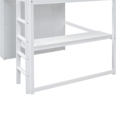 Wood Full Size Loft Bed with Built-in Wardrobe, Desk, Storage Shelves and Drawers, White