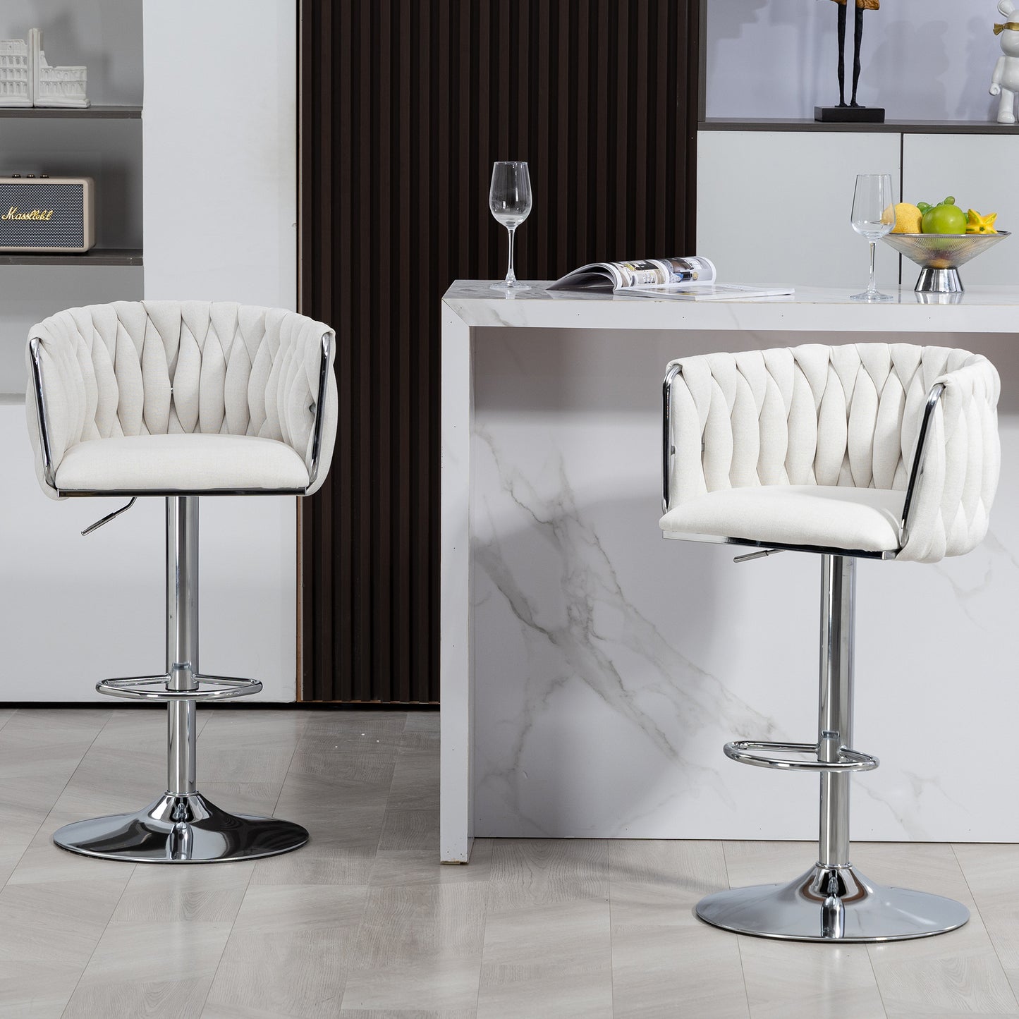 360° Fabric cover Swivel Bar Stools Set of 2, Adjustable Counter Height Bar Chairs with Woven Back & Footrest,Silver chromed  Bar Stools for Kitchen Island, Cafe, Pub (Beige)