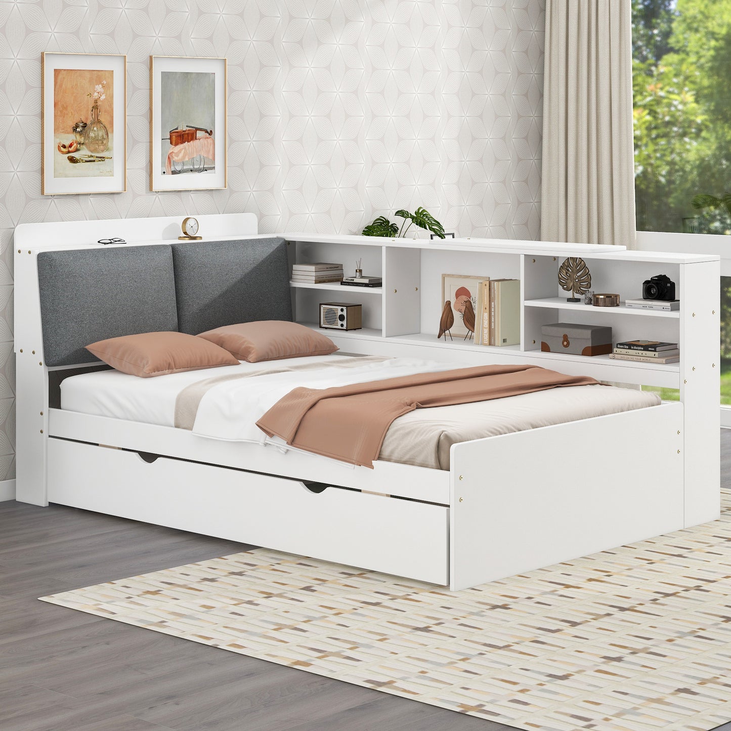 Wood Twin Size platform bed with Trundle, Shelves and Storage Headboard, White