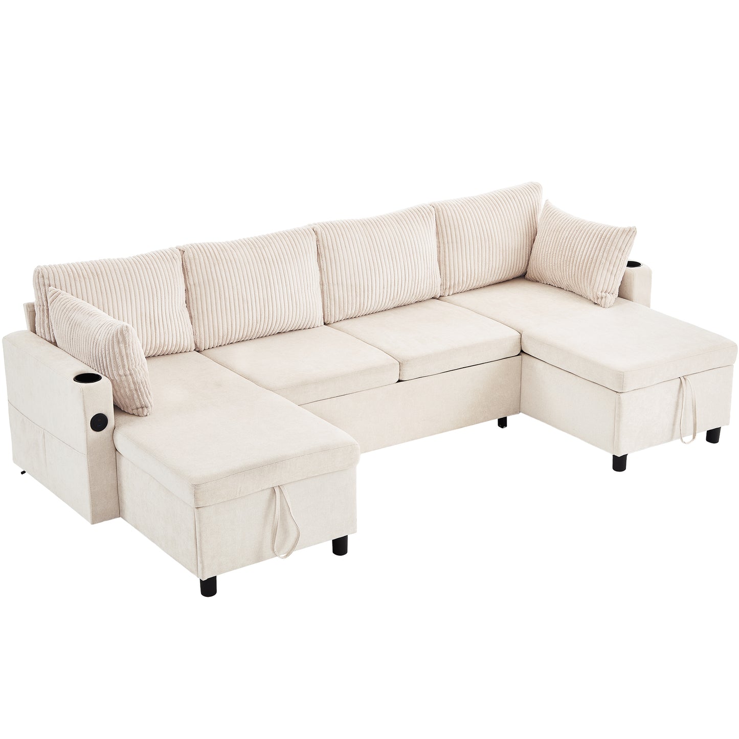 111.8" Sectional Sofa Pull-out Sofa Bed Versatile Sofa Sleeper with Large Storage Space, Two USB Ports and Two Cup Holders for Living Room, Beige