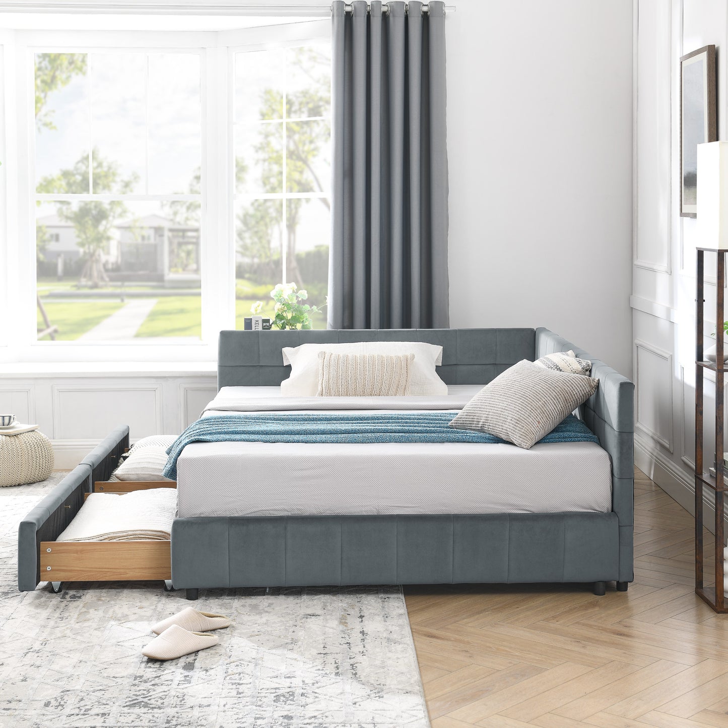 Full Size Storage Upholstered Tufted Bed Frame, Sofa Bed Frame with Comfortable Backrest and Armrests, Full Size Bed for Bedroom, Living Room,Velvet, GREY(80.5''*59''*29.5'')