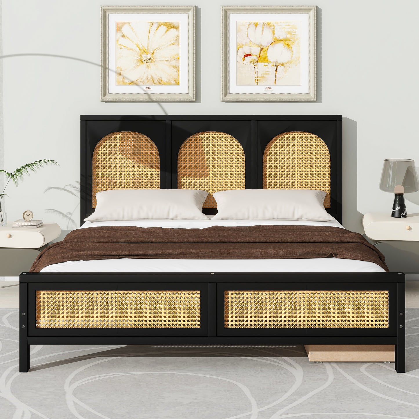 Queen Size Wood Storage Platform Bed with 2 Drawers, Rattan Headboard and Footboard, Black