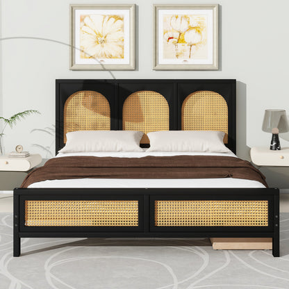 Queen Size Wood Storage Platform Bed with 2 Drawers, Rattan Headboard and Footboard, Black