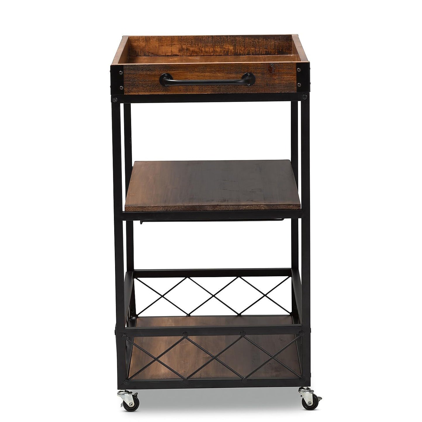 32.6'' Tall Industrial Style Rolling Kitchen Island Wine Cart with Black Finished, Fir Wood Mobile Metal Wine Bar Cart with Glass Rack, Oak Brown