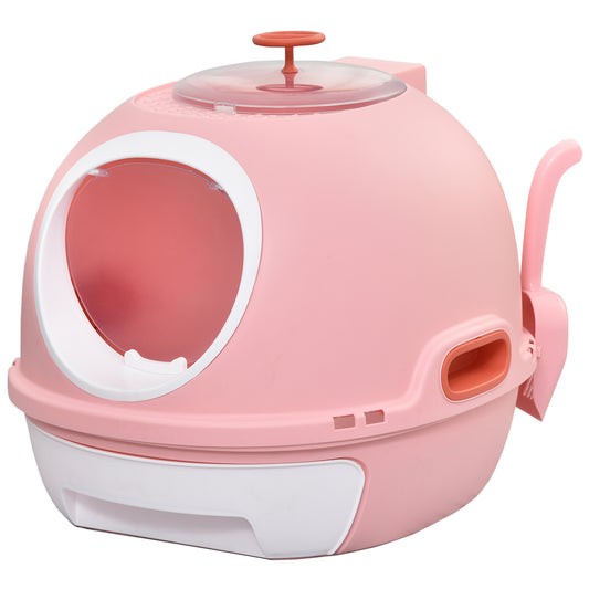 PawHut Covered Litter Box, Litter Box with a Lid, Scoop Enclosed Drawer & Skylight for Cats That's Easy to Clean, Pink