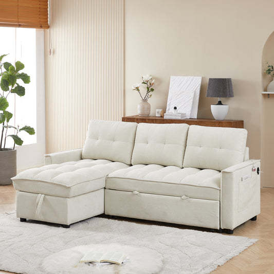MH 78.75" Reclining Sofa, Pull-Out Sofa Bed with USB and tape-c charging ports, L-Shaped Sectional Sofa with Reclining Storage and Arm Side Organizer Pocket Features, Living Room Comfort Sofa