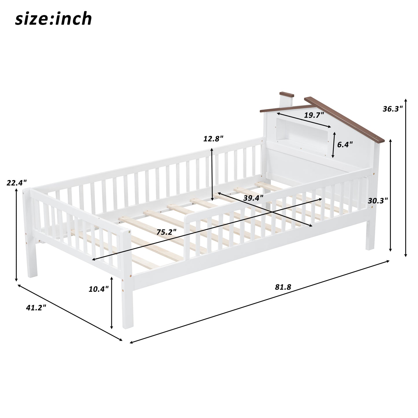 Twin Size Wood Platform Bed with House-shaped Headboard, LED and Built-in Storage, White