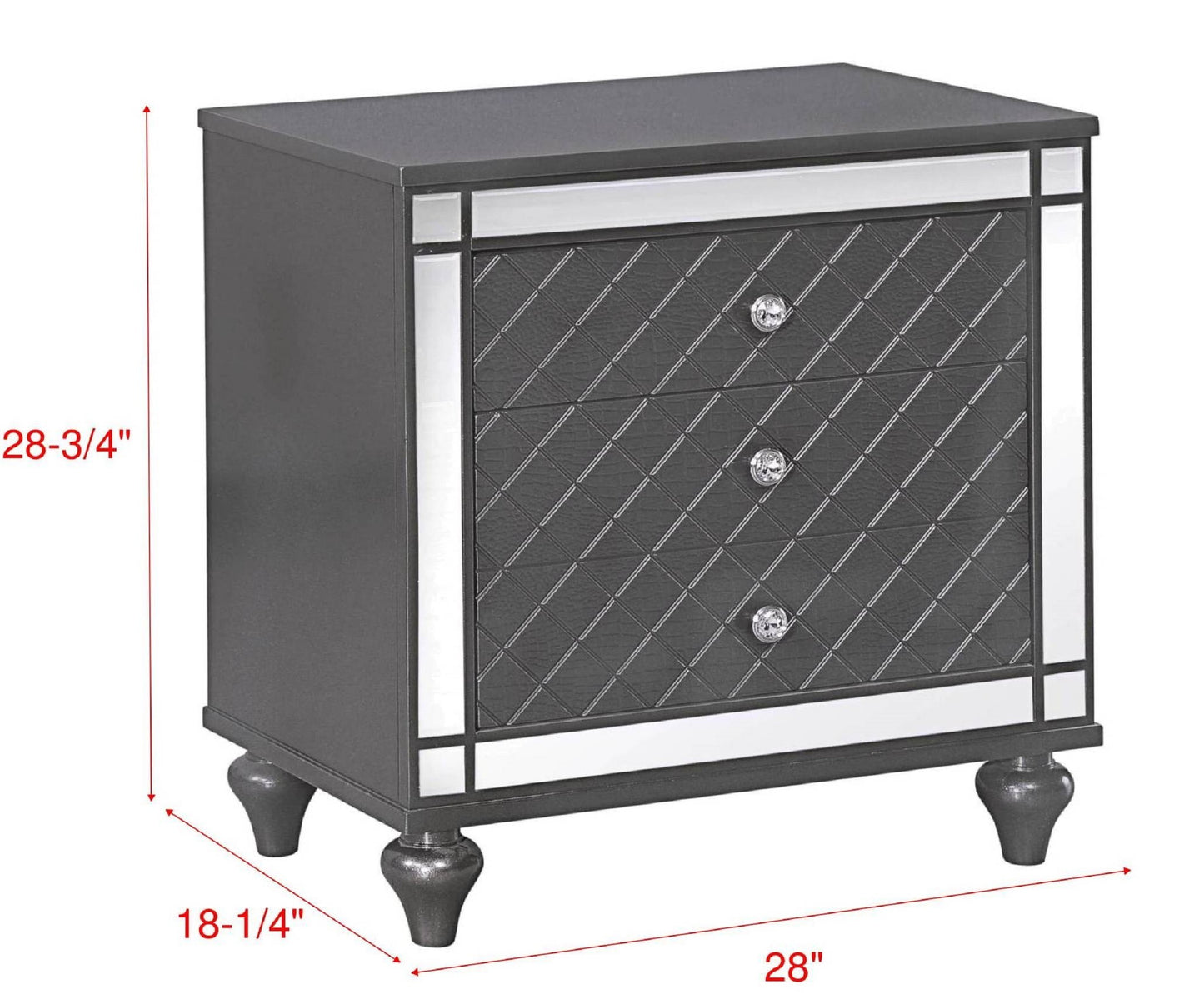 1Pc Glam Contemporary Style 3-Drawer Nightstand End Table with Mirror Plating Tapered Legs Gray Finish Bedroom Solid Wood Wooden Furniture