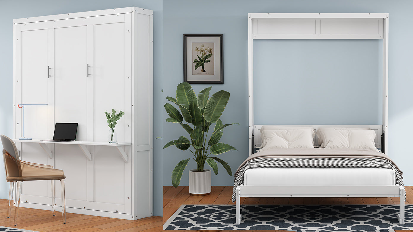 Queen Size Murphy Bed with 2 Side Cabinet Storage Shelves, 68-inch Cabinet Bed Folding Wall Bed with Desk Combo Perfect for Guest Room, Study, Office,White(old sku:BS400192AAC)