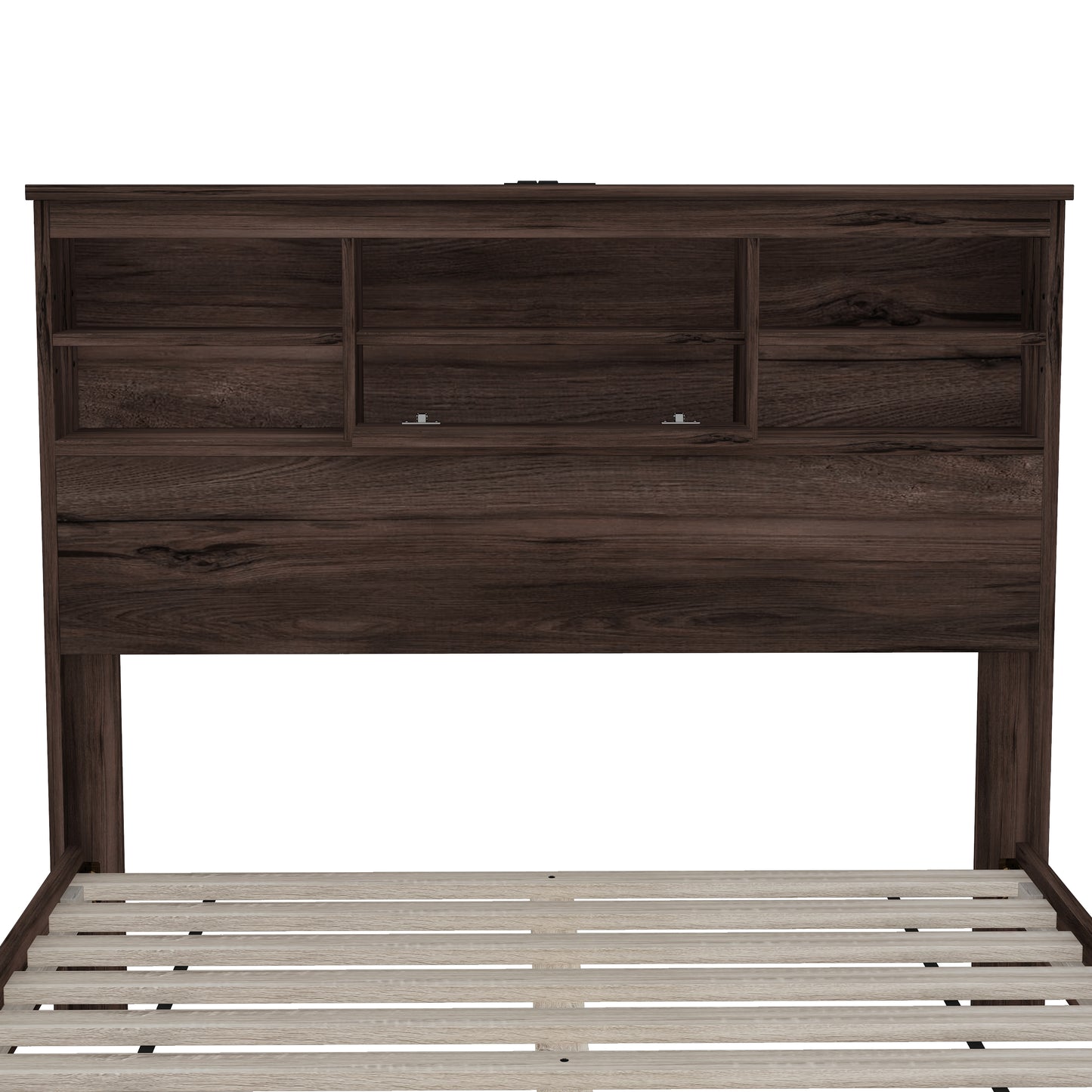 Queen Size Wooden Platform Bed with Storage Headboard,American Country Style Bed with USB Charging Ports,Dark Walnut