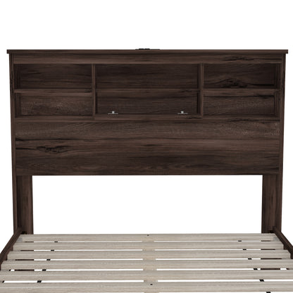 Queen Size Wooden Platform Bed with Storage Headboard,American Country Style Bed with USB Charging Ports,Dark Walnut