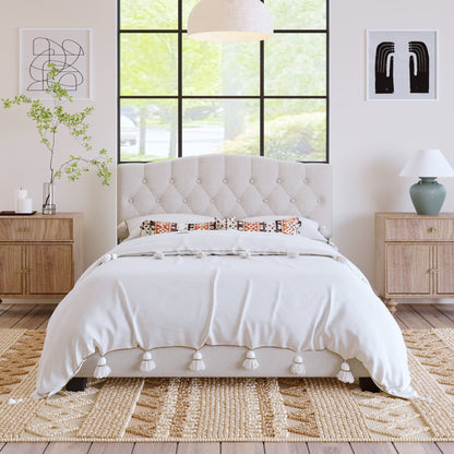 Upholstered Platform Bed with Saddle Curved Headboard and Diamond Tufted Details, Queen, Beige