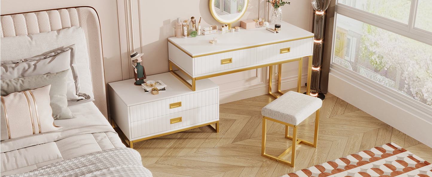 GO Modern Style Vanity Table With Movable Side Cabinet And 4-Drawers, Large Size Dressing Table With Mirror and 3-colors LED Light, Makeup Table With Stool, White, Golden Legs