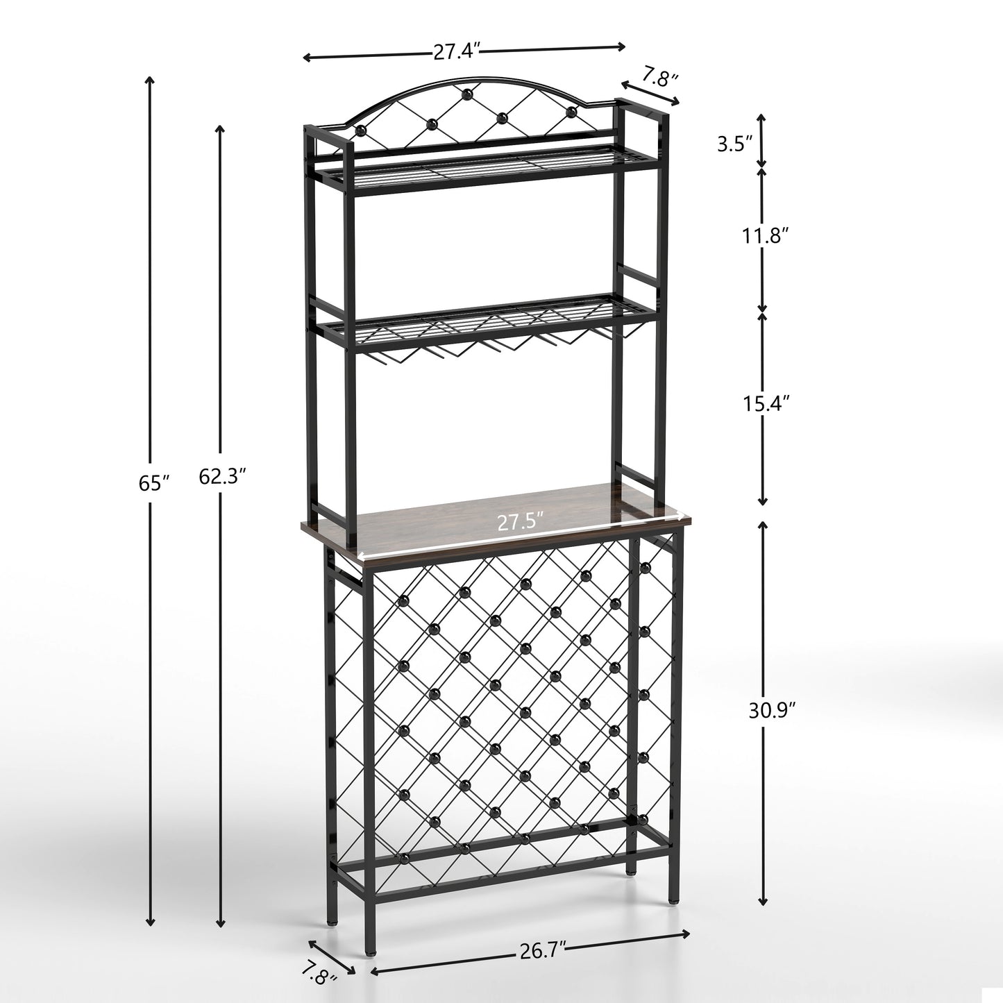 Industrial Wine Rack Bar Table, 3-Tier Liquor Bottle and Glass Holder with Storage Shelves, Metal and Wood Wine Organizer for Home Kitchen, Dining Room, and Living Room