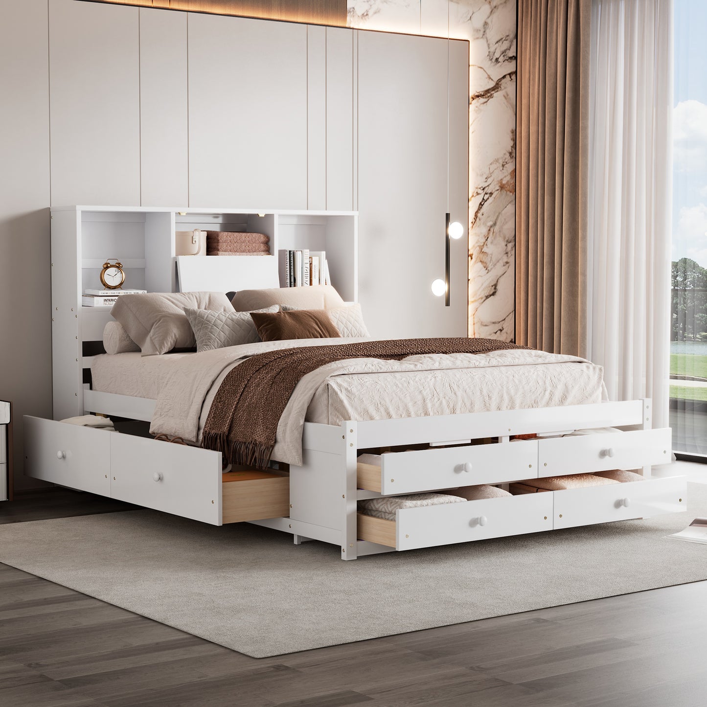 Queen Size Platform Bed with Storage Headboard and 8 Drawers, White