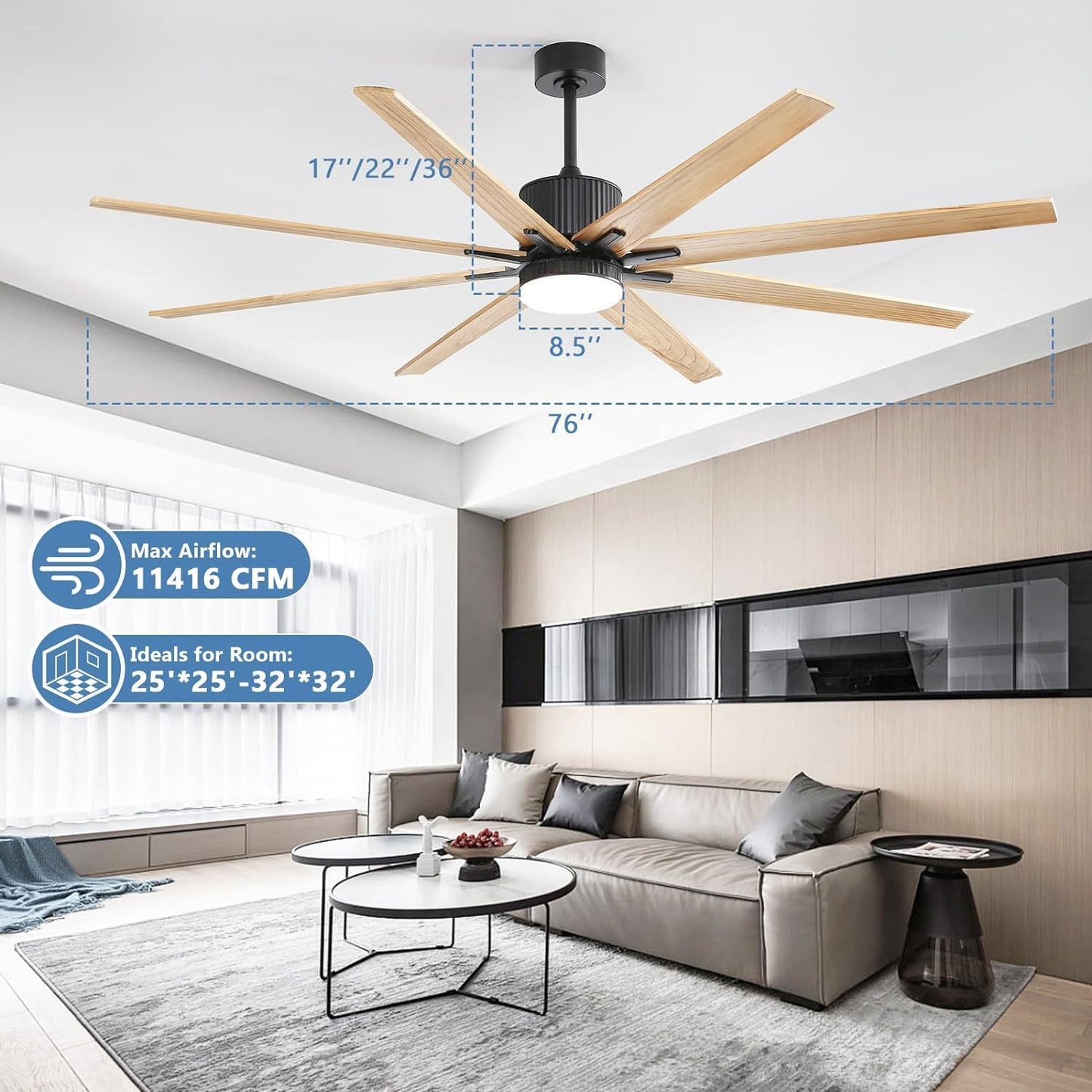 76 Inch Ceiling Fan with Lights Remote Control 8 Solid Wood Blades with 18W Dimmable LED Light