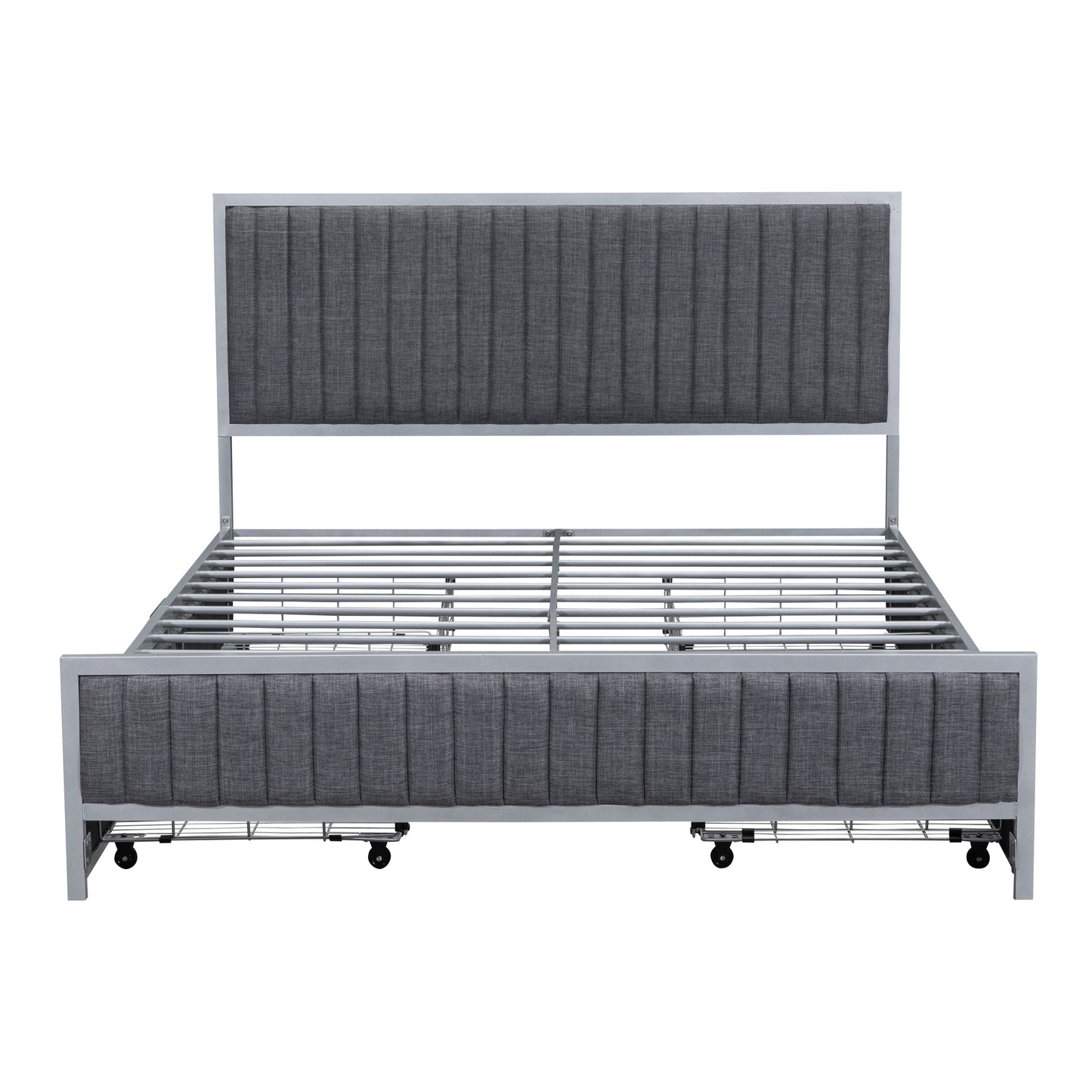 Queen Size Metal Frame Upholstered Bed with 4 Drawers, Linen Fabric, Gray