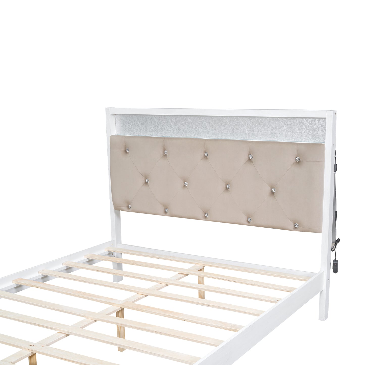 Wood Queen Size Platform Bed with Upholstered Headboard and LED and 2 Drawers, Antique White