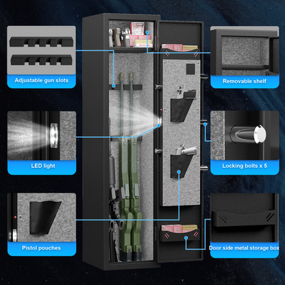 "High-Security Steel Rifle Cabinet - 3-4 Gun Capacity, Electronic Lock, Solid Bolts, Dual Alarms, LED Lighting, Silent Operation"