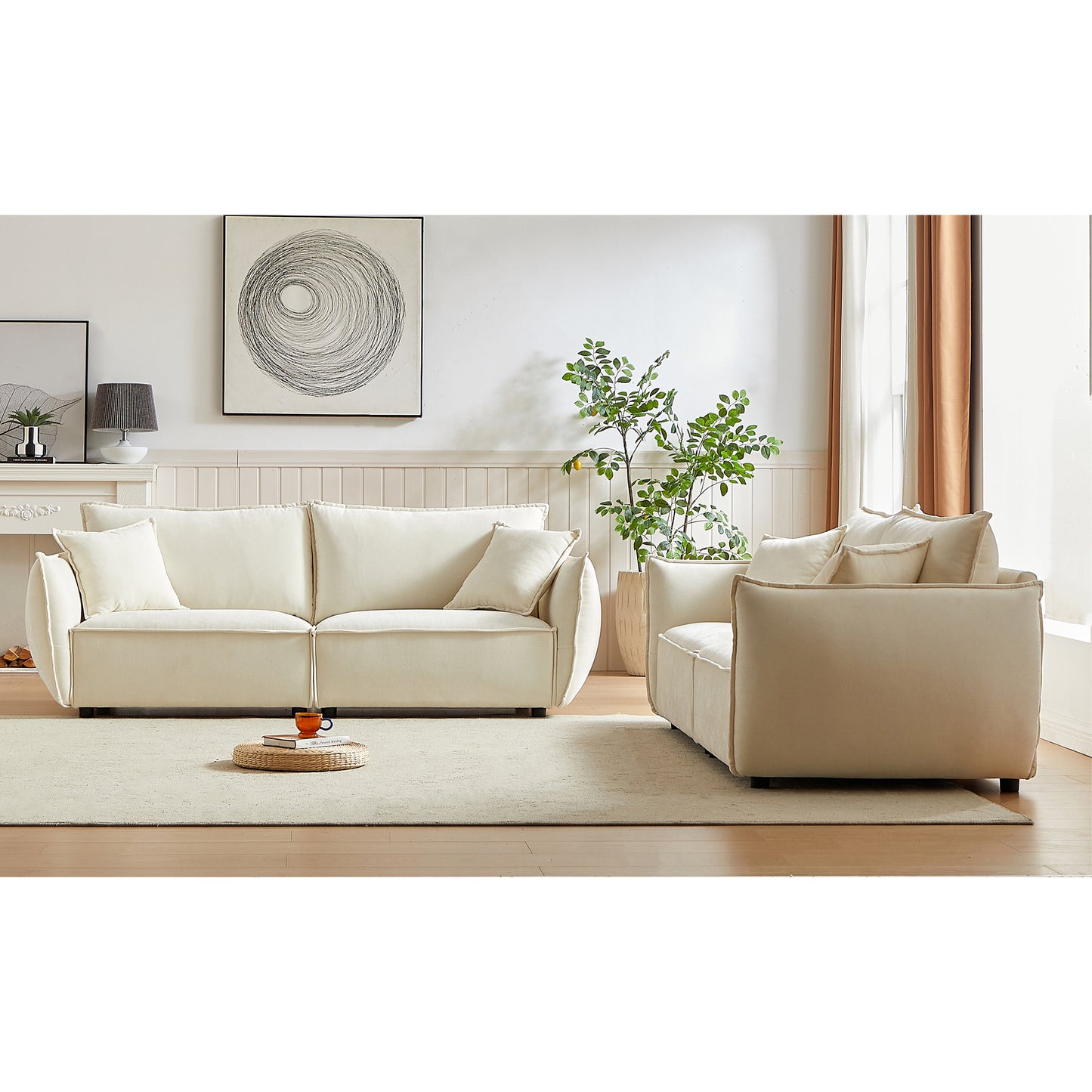 3-Seater + 3-Seater Combo Sofa Modern Living Room Sofa, Linen Fabric Sofa, Wooden Frame with 4 Pillows, Apartment Sofa Furniture