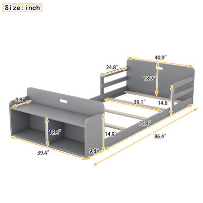 Twin Size Floor Bed with Storage Footboard and Guardrail, Grey