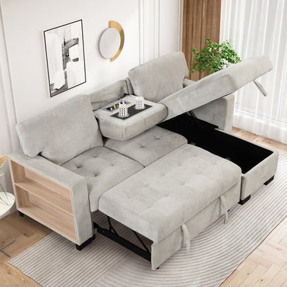 Stylish and Functional Light Chaise Lounge Sectional with Storage Rack Pull-out Bed Drop Down Table  and USB Charger Light Gray